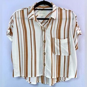 Aeropostale Women’s Button Up Shirt Crop Top Blouse White Bronze Stripes Sz M